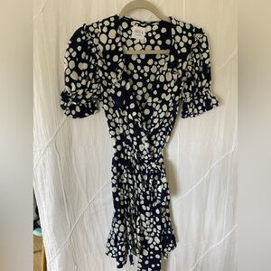 MISA Los Angeles Mini Navy & White Polka Dot Wrap Dress, Small